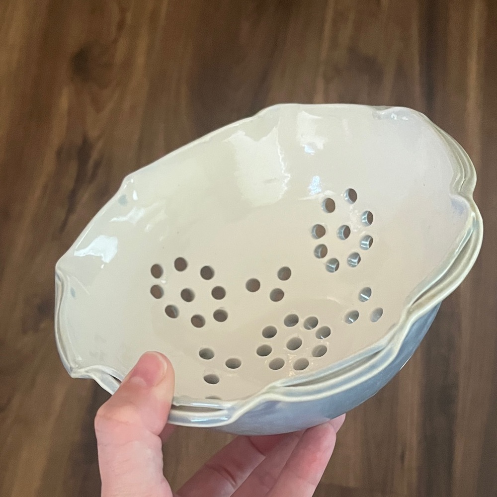 Handmade Light Blue & White Ceramic Berry Colander Bowl